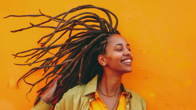 an African girl with dreadlocks and an orange background
