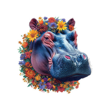 hippo made of flowers water painting vintage vivid colors