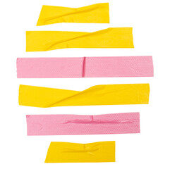 Top view set of wrinkled yellow and pink adhesive vinyl tape or cloth tape in stripes shape isolated on white background with clipping path