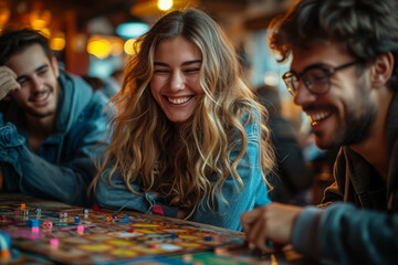 A group of friends playing board games, engaging in friendly competition and laughter-filled moments. Concept of recreational joy. Generative Ai.