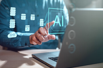 ai, database, digital, information, network, technology, graph, analysis, chart, innovation. touching at AI HUD to process business analytics and database system connected to cloud computing.