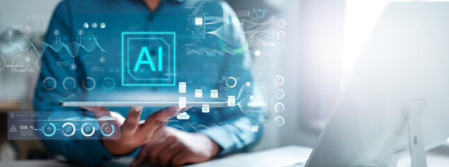 ai, database, digital, information, network, technology, graph, analysis, chart, innovation. ai, the concept of artificial intelligence use analytic and big data management dashboard show on palm.