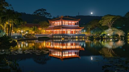 Ancient Chinese architecture glows at night in the park, reflected on water. Timeless beauty, Ai...