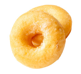 Front view set of two delicious Cinnamon Sugar Mini Donuts isolated with clipping path in png file format. Donuts with sugar sprinkle