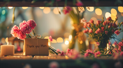 Mother's Day concept with pink flowers, a thank you card, and a beautifully wrapped present. A display of gratitude with blooming carnations.