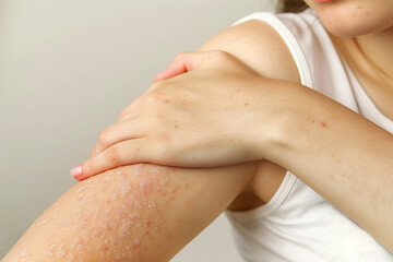 Illustration of a woman's arm covered in raised, itchy patches, showcasing a skin reaction indicative of contact dermatitis from allergenic substances.