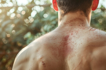 Fototapeta premium Overlay of a man's back with raised, red welts, demonstrating an allergic reaction to insect stings or bites causing localized swelling.
