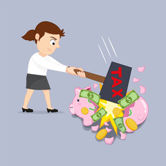 Business woman broken piggy bank money coins pouring out with hammer the word tax. Concept of tax finance problems.Flat, Vector, Illustration, Cartoon, EPS10. 