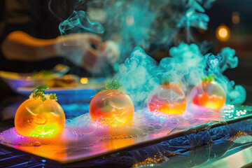 Culinary revolution with futuristic food creations. Molecular gastronomy magic: glowing orbs, levitating delights and surreal dishes.