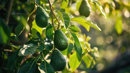 Fresh organic avocado ripe growing on branches with green leaves in sunny fruiting garden