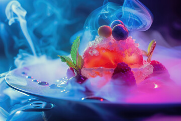 Culinary revolution with futuristic food creations. Molecular gastronomy magic: glowing orbs, levitating delights and surreal dishes.