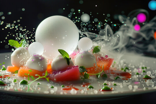 Culinary revolution with futuristic food creations. Molecular gastronomy magic: glowing orbs, levitating delights and surreal dishes.