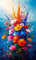 Abstract background with multicolored strokes of oil paint and flowers.