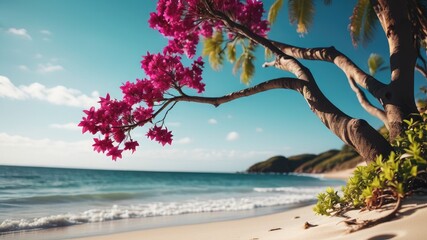 Fototapeta na wymiar Tree on the beach, beach wallpaper, sea landscape and tree wallpaper, beach background, a beautiful sea on whose shores there are many plants and trees