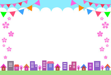 春の街並み　イベントフレーム　背景素材　飾り枠　桜　ガーランド　新生活　フェスティバル　住宅展示場　展示会　住まい　町並み　青空　おしゃれ　ポップ　白背景　白バック　透過