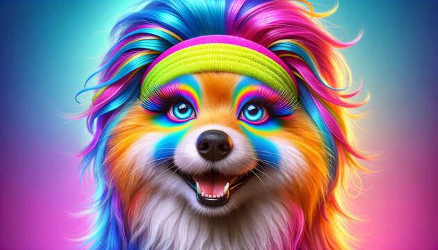 A close-up image of a dynamic, colorful retro dog's face adorned with 80s workout accessories, including a bright neon headband