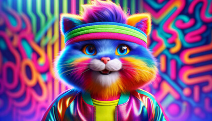 A close-up of a vibrant, colorful retro cat character wearing 80s workout clothes