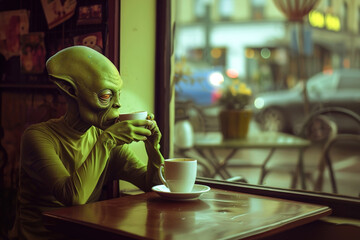 A surreal scene, a green-skinned extraterrestrial casually sips coffee at a bustling cafÃ©, blending seamlessly into human society. - obrazy, fototapety, plakaty