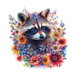 Raccoon made of flowers water painting vintage vivid colors