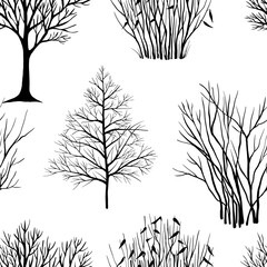 Winter trees and bushes. Seamless pattern. Hand drawn line art. Nature background. Vector illustration. - 739112058