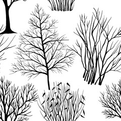 Winter trees and bushes. Seamless pattern. Hand drawn line art. Nature background. Vector illustration. - 739112063