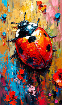 Oil painting of ladybug on canvas. Colorful background with ladybird.	
