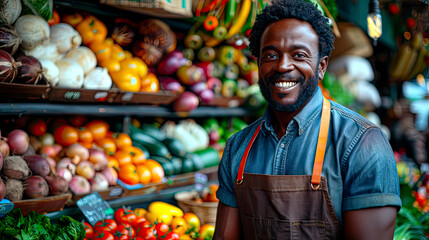 Close up portrait of happy male employee looking at camera in good mood. Young African American cheerful man manager work at food shop. Business concept - obrazy, fototapety, plakaty