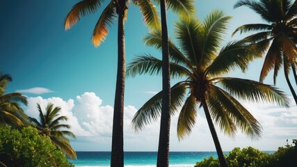Palm tree on the beach, beach wallpaper, sea landscape and coconut tree wallpaper, beach background, a beautiful sea on whose shores there are many plants and trees