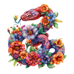 Snake made of flowers water painting vintage vivid colors