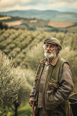 Against a backdrop of rolling hills, a weathered farmer showcases his organic olive plantation with many olive trees.