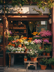 Fototapeta na wymiar Cozy urban florist shop adorned with colorful flowers