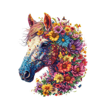Horse made of flowers water painting vintage vivid colors