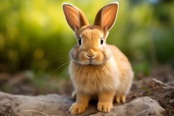 Fototapeta premium Cute domestic rabbit bred as a pet seen with a peaceful expression. Concept Peaceful Pet Rabbit, Domestic Animal, Cute Bunny Portrait
