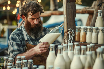 Fototapeta na wymiar A bearded farmer pours creamy milk into glass bottles, showcasing his dairy products at a charming farm market stall.