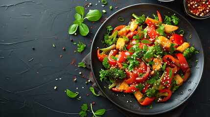 Hot stir-fried vegetables on black plate, copy space, generative ai