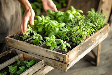 Contemporary farmer expect customers at his farm, Vibrant herbs â€“ basil, mint, rosemary arranged on a weathered wooden stand. - obrazy, fototapety, plakaty