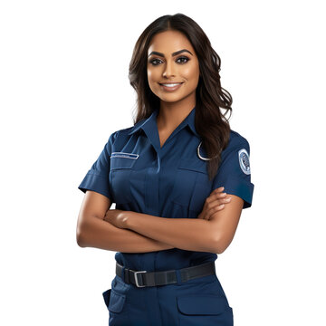 Front view mid body shot of an extremely beautiful Indian female model dressed as a Paramedic smiling with arms folded, isolated on a white transparent  background