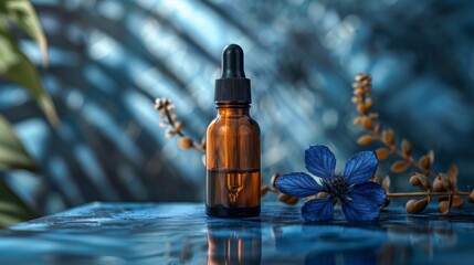 Amber serum bottle with dropper on a reflective surface, accompanied by a striking blue flower and botanicals, set against a cool blue backdrop.