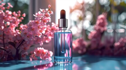 Elegant serum dropper bottle on a reflective surface with pink cherry blossoms in the background, encapsulating springtime skincare luxury.
