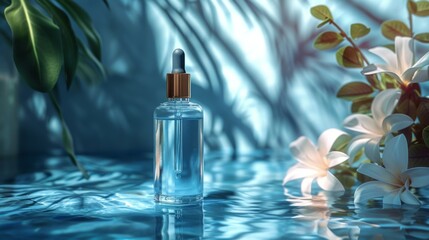 Serene dropper bottle with a clear serum, elegantly poised on a reflective blue surface alongside delicate frangipani flowers, evoking tranquility.