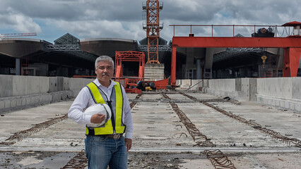 Confident construction engineer in hardhat on Site under development. Construction engineers...