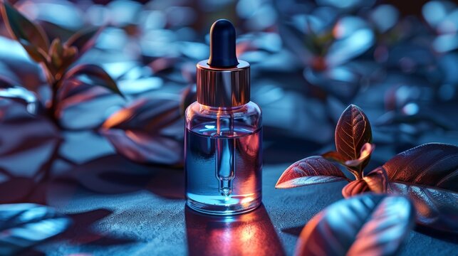 Elegant dropper bottle of serum surrounded by moody blue botanicals, casting a serene glow that evokes luxury and tranquility in skincare.