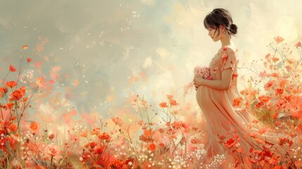 A serene pregnant woman in a floral field, embodying the beauty and tranquility of motherhood amidst vibrant red poppies and soft sunlight. - obrazy, fototapety, plakaty