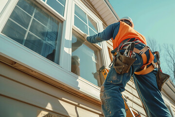 Skilled craftsmen work on replacing PVC windows, with tools in hand, showcasing precision in residential renovation. - obrazy, fototapety, plakaty