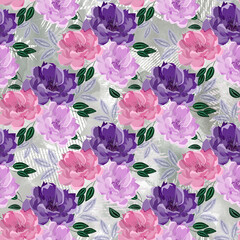 Seamless retro floral pattern. Pink, lilac peony flowers on a light gray background.