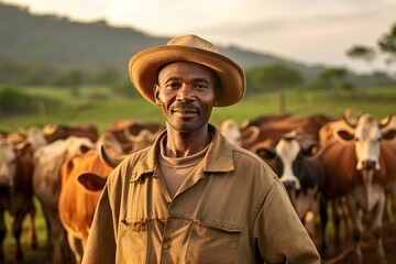 A farmer ensuring the health and productivity of selectively bred diseaseresistant cattle. Concept Agriculture, Livestock Farming, Cattle Breeding, Disease Resistance, Farmer Health Care - obrazy, fototapety, plakaty