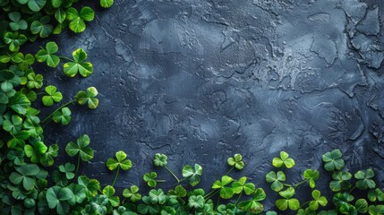 Vivid green shamrocks on dark textured background, ideal for St. Patrick's Day themes and natural botanical designs - obrazy, fototapety, plakaty