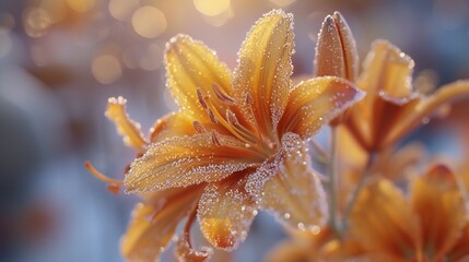 Fototapeta premium Golden highlights shimmer amidst frosty petals in this close-up of a tiger lily, evoking the serene beauty of a winter morning.