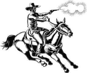  cowboy in a hat on a horse shooting from a revolver