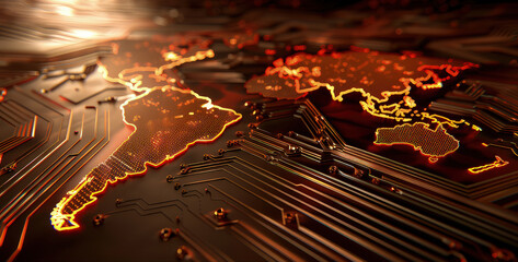 A glowing digital world map overlays a dark, intricate circuit board, symbolizing global connectivity and technology. Glowing circuits connect world in digital harmony.
